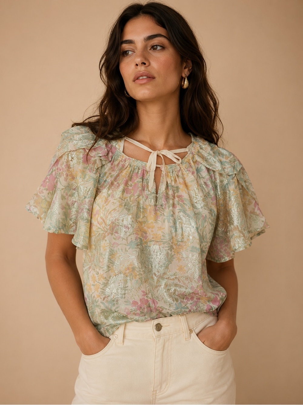 LOFT Metallic Floral Puff Sleeve Peasant Blouse Top Medium Cottagecore Romantic